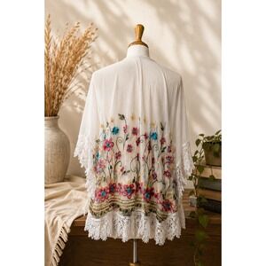 Embroidered Floral Sheer Shawl Wrap Fringe Boho Festival Kimono One Size